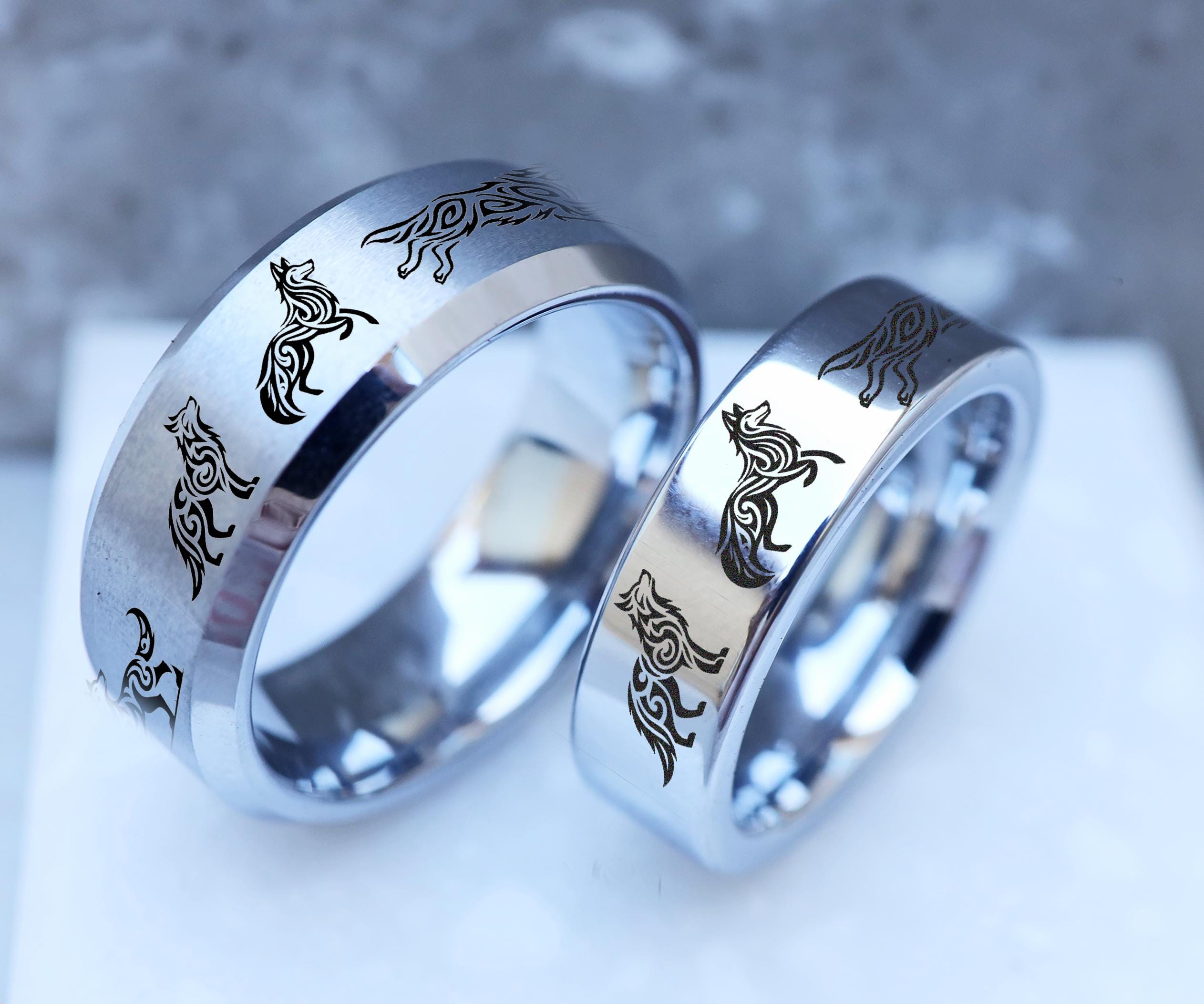 Matching Tribal Wolf Ring Set, Alpha Wolf Tribal Pattern Ring