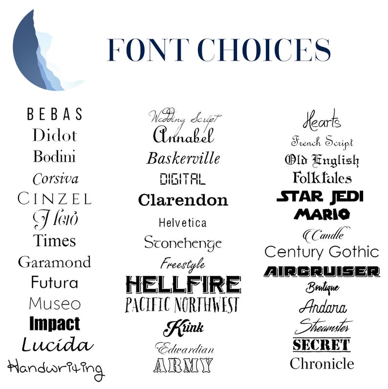 May include: A list of font names in black text on a white background. The font names are organized into categories, including "Wedding Script", "Hearts", "Freestyle", and "Edwardian".
