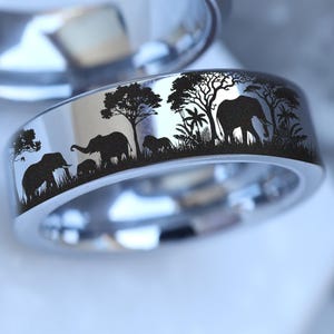 Engraved Safari Wedding Band, Custom Elephant Engagement Ring, Animal Wildlife Scene Ring Jewelry, Tribal Elephant Ring 6mm 8mm 10mm