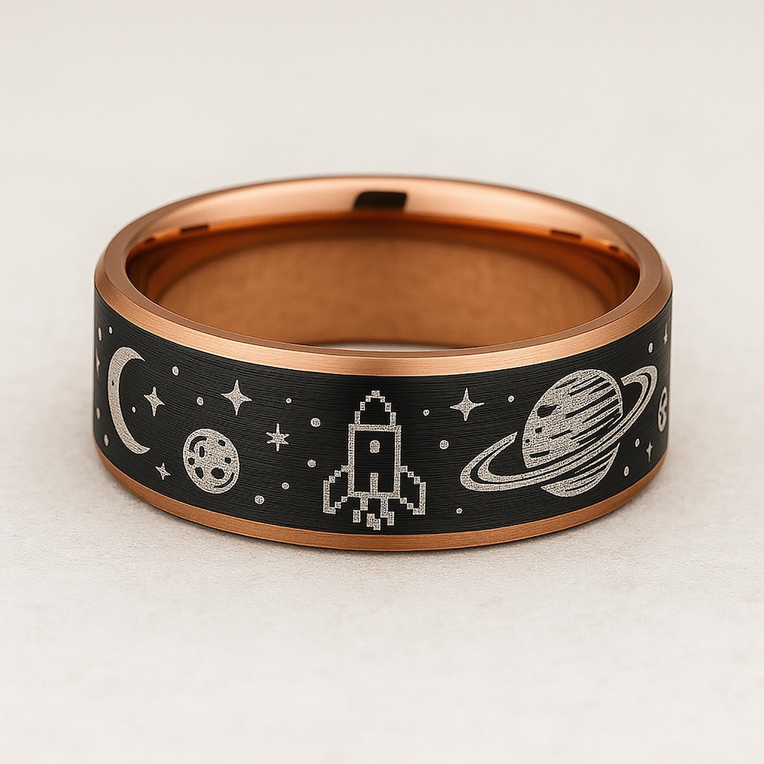 Space Ring, Galaxy Wedding Band, Rocket Moon Saturn Ring, Starry Night ...