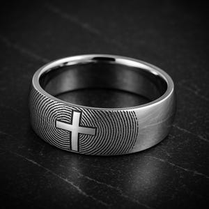 Actual Fingerprint Ring, Cross Fingerprint Engraved Ring, Christian Thumbprint Ring, Fingerprint Wedding Ring, Unique Tungsten Band 8mm