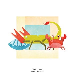 Scorpion, crab, and seashell print. Watercolor animal illustration. 30x40cm print. Art and home decor.