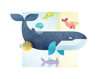 Whale and Fish Print – Watercolor Effect Illustration of Marine Animals – Nautical Wall Decoration 30x40 cm