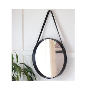 Round Leather Mirror for Bathroom, Wall Mounted Circular Mirror, Hallway, Bedroom, Vanity, Living Room, Black, Makeup, Entrance