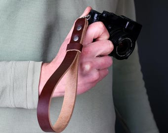 Leather Camera Wrist Strap: Handmade in the UK, Fuji Leica Canon, Black Brown