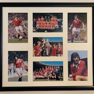 May include: A framed collage of eight photos featuring a football team in red and white kits. The photos show the team posing together, playing a match, and celebrating a win. The collage is a great way to show your team spirit.