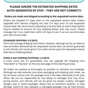 May include: A white and teal graphic with the text "PLEASE READ BEFORE PLACING AN ORDER." The text provides information about shipping times, Etsy's auto-generated shipping dates, and order policies. It also includes a statement about agreeing to terms and conditions.