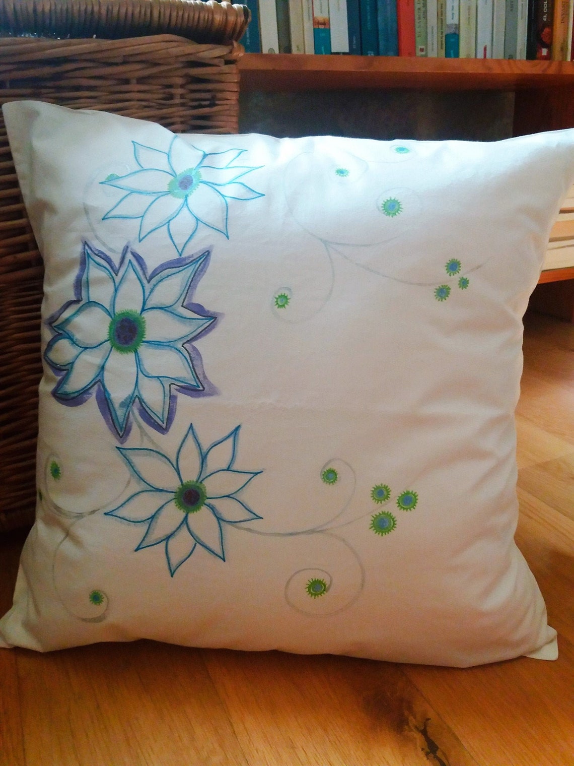 Handpainted cushion cover. Floral Art. minimalist. blue. Etsy
