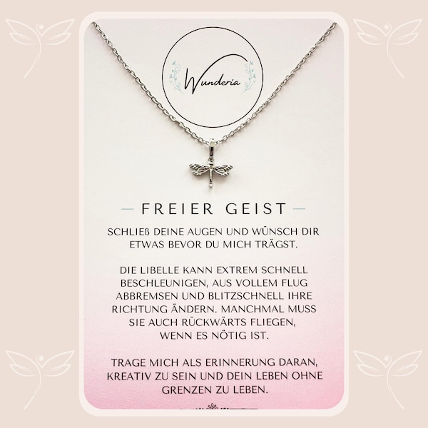 Freier Geist Wunschkette mit positiver Botschaft Halskette Kette silber Libelle