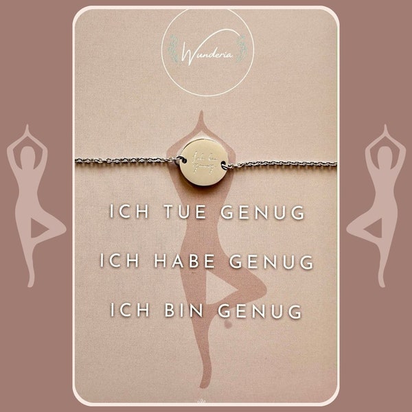 Ich bin genug Armband Gravur Mantra Münze Edelstahl silber positive Botschaft Yoga Meditation Namaste Armkettchen