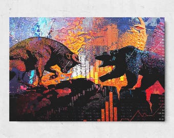 Bull vs Bear Wall Art Motivational Canvas Inspirational Canvas Print for Office Trader Decor Stock Market Gift Finance Mindset Quote Artwork