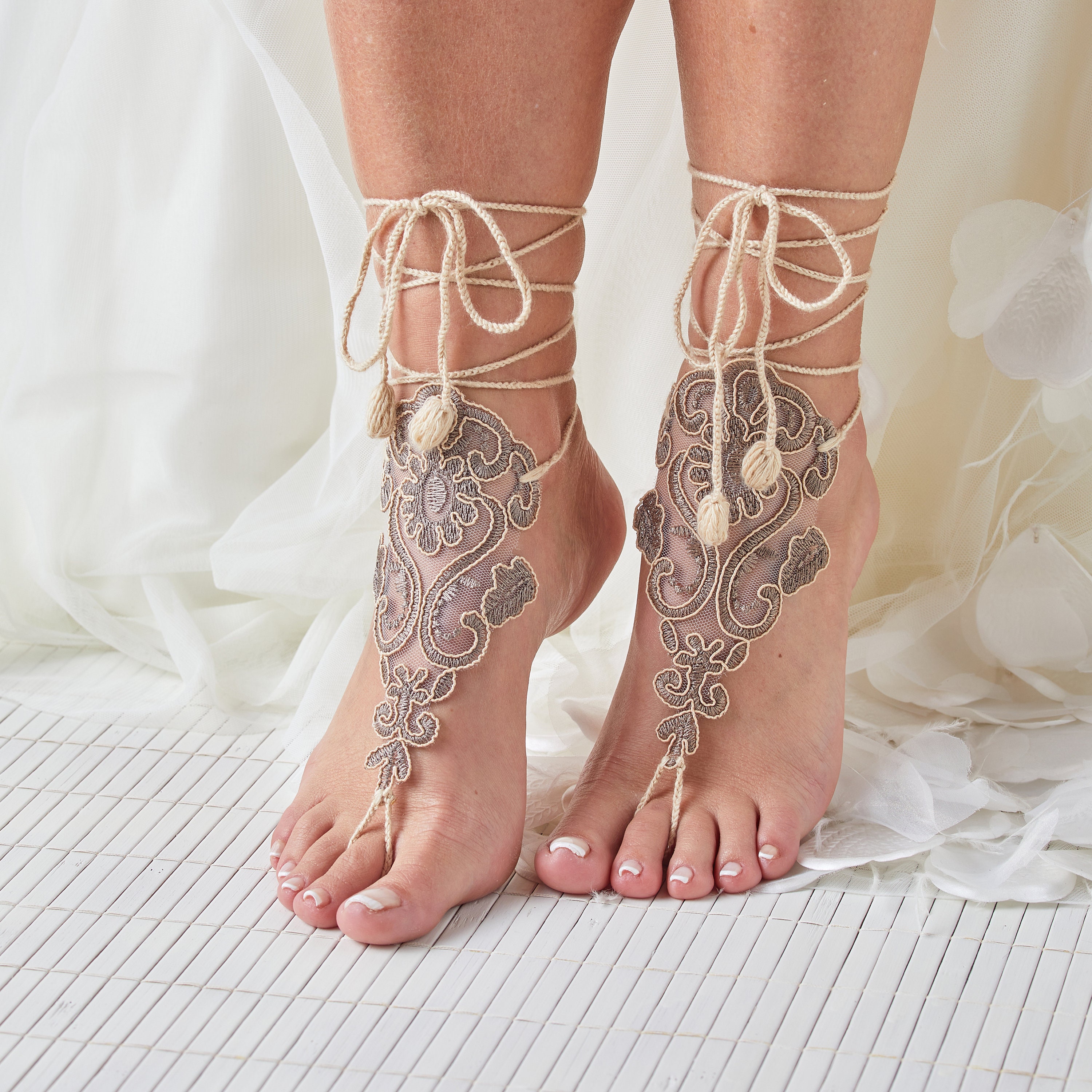 Barefoot Lace Sandals Beach Wedding,bridal Shoes Bridal Lace Anklet