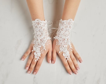 Ivory French Lace Bridal Gloves, Fingerless Wedding Gloves, Wedding Accessories