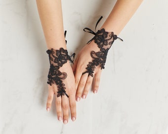 Luvas pretas sem dedos com renda e lantejoulas, acessórios de noiva, luvas góticas pretas.