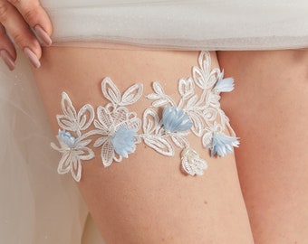 Ivory Lace Wedding Garter Set, Something Blue, Floral Lace Garter, Keepsake Garter, Wedding Accessory