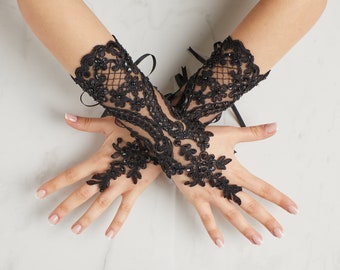 Luvas de noiva pretas de renda francesa, luvas de casamento sem dedos, acessórios de noiva góticos burlescos