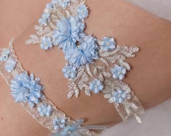 Hellblaues Hochzeit-Strumpfband-Set, Andenken-Strumpfband, Spitzen-Perlen-Blaues Strumpfband