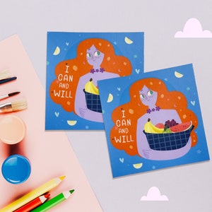 I can and I will handgemaakte sticker, fruitmand, kawaiisticker, empowerde vrouwen, cadeaus voor haar, motiverende sticker, waterdichte sticker