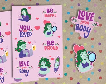 Hoja de pegatinas de positividad corporal: Afirmaciones de amor propio
