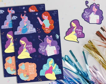 Self affirmation sticker sheet, six sticker pack, dream big, you got this, be strong, reminders, kawaii sticker sheet, anime stickers