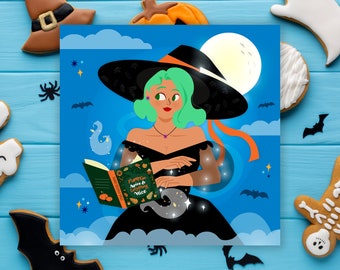 Pumpkin spice witch printed poster, art print, halloween, spell book, beautiful woman, home decor, wall art, magic, Christmas gift