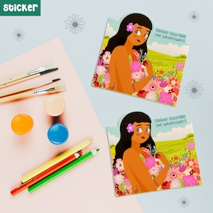 May include: Two stickers featuring a woman with long dark hair holding a bouquet of flowers. The background is a field of wildflowers. The text on the stickers reads "Gather courage like wildflowers".