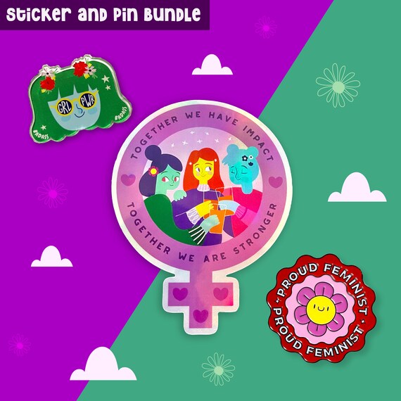 Girl power kawaii sticker and pin bundle- Set of 3