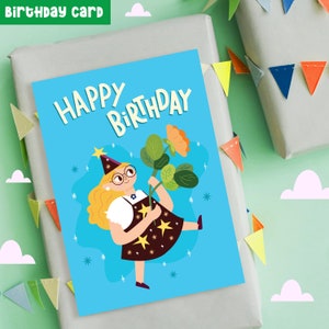 Biglietto di auguri di buon compleanno fatto a mano, grazioso cappello da festa, bambina bionda, biglietto per bambini, festa per bambini, regalo per lei, biglietto kawaii, arte stravagante