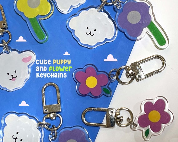 Puppy and flower acrylic keychains- 3 options