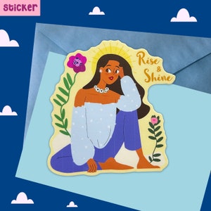 Adesivo brilhante feito à mão para levantar e brilhar, nutrir para florescer, sol e crescimento, florescer do seu jeito, adesivo de menina negra, volta às aulas
