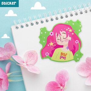 Kawaii meisje zelfliefde glanzende handgemaakte sticker, sterren en bloemen, schattig roze haar, zelfacceptatiekunst, omarm je gloed, Valentijnsdag