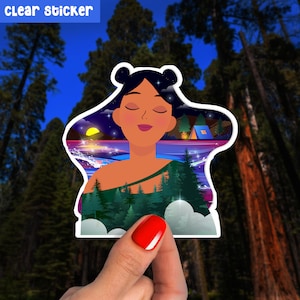 Serenity by the Lake Duidelijke sticker, transparante sticker, Californische sequoia's, Nature's Embrace, West Coast Camping, avonturierscadeau