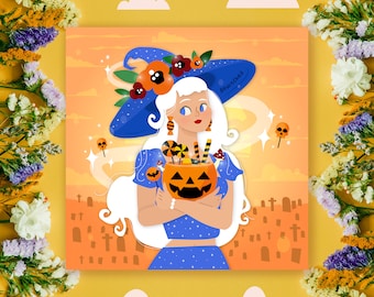 Kawaii witch printed poster, art print, spider, pumpkin, halloween, graveyard, home decor, wall art, gift for her, Christmas gift