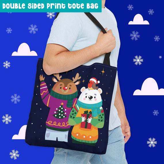 Festive Double-Sided Holiday Tote Bag - Christmas Cheer Reindeer Snowman Elf Gift