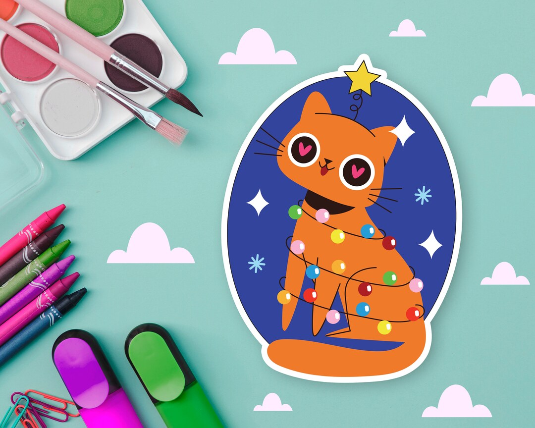 Christmas Lights Cat Handmade Glossy Sticker, Kawaii Cat, Twinkling