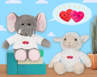 Valentines day plush toys with t-shirt, cute hearts, elephant plush, sheep plush, kawaii toy, be mine, gift for her, christmas gift