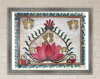 Handpainted Red Lotus in Alpona Folk decor Art - Watercolor Artwork - 8x10 Inches