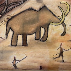 This is 18X14 inches Stone Age pastel painting of a Woolly Mammoth looking for the kid being besieged by villagers. Cave art style. this is created on Strathmore pastel paper.