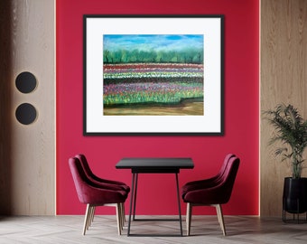 Arte da parete pastello unica fatta a mano - Incantevole dipinto di paesaggio della fattoria dei tulipani 8x10