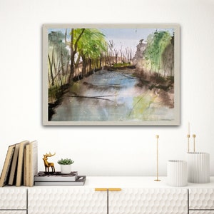 Lakehouse Serenity: Abstraktes Aquarell Wohndekor, 23,5 X 30 cm Original Kunst