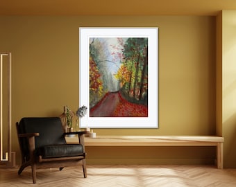 Magical Foggy Forest Wall Art - Vibrant Red 8x10 Watercolour Painting