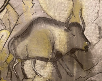Breathtaking Bull Cave Stone wall Art Pastel Painting - Framed 14X16 Inches