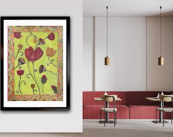 Hand-painted Pichwai Tulips Wall Art - Folk Floral Decor - 8x10