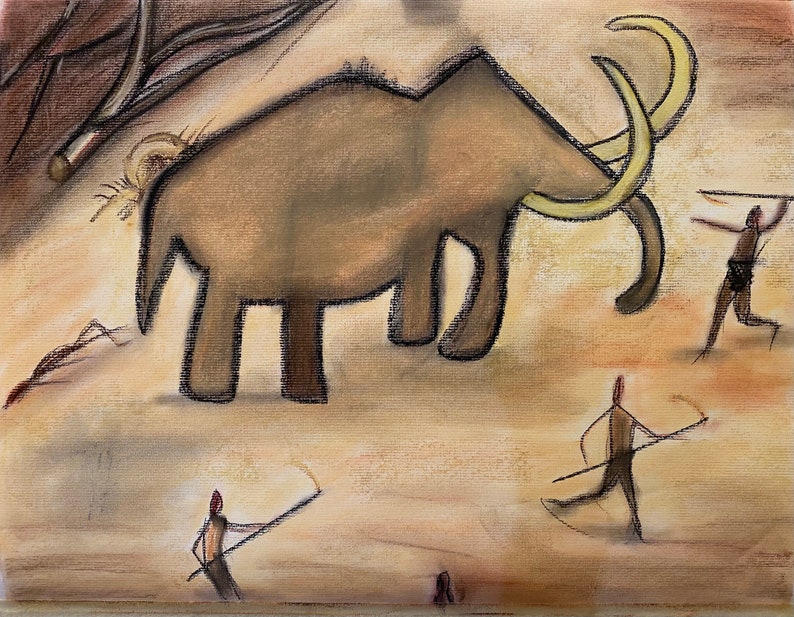 This is 18X14 inches Stone Age pastel painting of a Woolly Mammoth looking for the kid being besieged by villagers. Cave art style. this is created on Strathmore pastel paper.