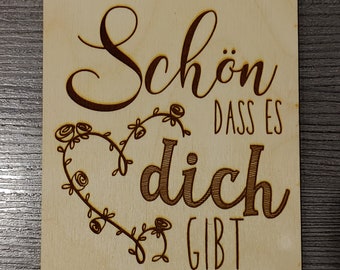 Holz-Postkarte mit Gravur - Spruch Schön dass es dich gibt - Grußkarte Geschenk Valentinstag Muttertag Geburtstag Mama Liebe