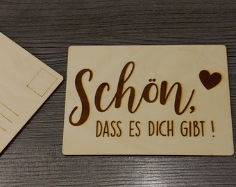 Grußkarte Postkarte aus Holz - Schön, dass es dich gibt -  Geschenkkarte zu Valentinstag Spruch Muttertag Mama Geburtstag Liebe