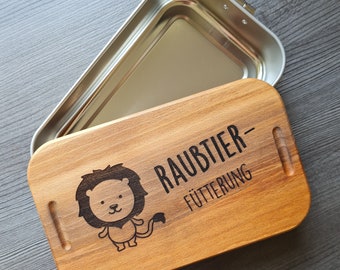 Lunchbox / Brotdose " Raubtierfütterung " - mit individueller Gravur groß Schule Kindergarten Kita Einschulung Metall stabil robust Holz