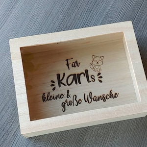 Spardose Holz mit Sichtfenster und individueller Gravur - Geschenk - Geburt - Kind - Kindergeburtstag - Geldgeschenk - Wunsch - Sparschwein