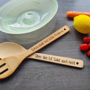 Bamboo salad cutlery with saying - individual engraving - chocolate solves no problems - gift birthday moving in apartment house mother's day