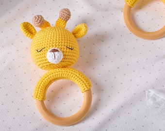 Jirafa bebé anillo sonajero crochet pdf patrón animal felpa sonajero patrón dentición amigurumi jirafa juguete tutorial baby shower regalo